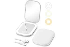 Gospire Espejo de maquillaje de viaje iluminado con luz y aumento 1X/3X, atenuación continua y luces ajustables de tres colores, batería recargable y tamaño compacto para bolso y uso portátil, color
