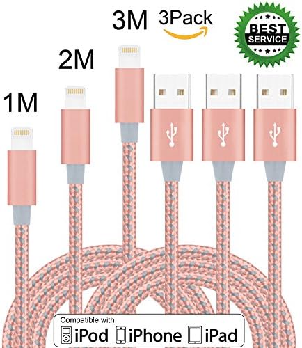 Xinfaxin iPhone Cable 3Pack 3FT 6FT 10 FT Lightning Cable Nylon Braided for iPhone SE, 7, 7 plus, 6s, 6s plus, 6plus, 6, 5s 5c 5, iPad Mini, Air, iPad 5, iPod on iOS9 (Rose gold &amp; gray)