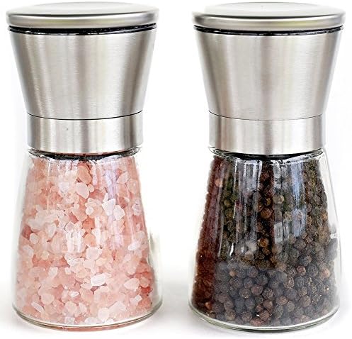 Adjustable Grind Salt and Pepper Mill Set 2-Piece Spice Mill with Ceramic Grinding Mechanism, Stainless Steel, Glass, Set of 2, Solfar