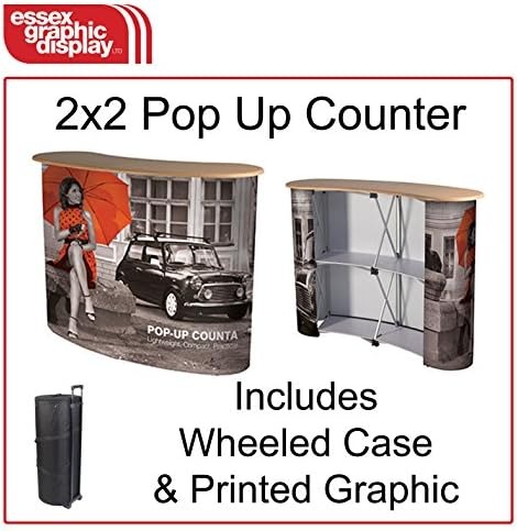 2x2 Pop Up Exhibition Counter Podium Desk with Internal Shelves and Printed Graphic Included