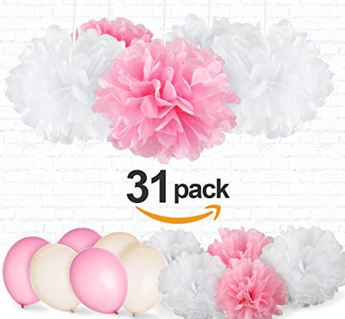 31pcs Tissue Paper Pom Poms Flowers with Latex Party Balloons Absofine White Pink for Wedding Birthday Party Baby shower Decoration
