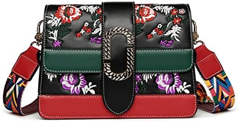 GMS467 Women Girl Retro Ethnic Flower Embroidered Handmade Handbag Hmong Bag PU Leather Handbags, Vintage Shoulder Bags Women's Ethnic Style Skew, Black / Beige, 9.06 "L x 3.15" W x 6.30 "H ( Color : Black )