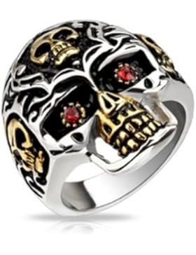 Paula & Fritz® Ring aus Edelstahl Chirurgenstahl 316L Biker Ring schwarz-gold Totenkopf mit roten Zirkonia-Augen...