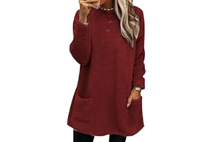 Cozyan Sudaderas sin Capucha Mujer Jersey de Forro Polar Suelto Sólido Manga Larga Suéter con Bolsillos Sudadera Mujer Oversize Manga Larga Otoño Casual Cuello Crew Sin Capucha