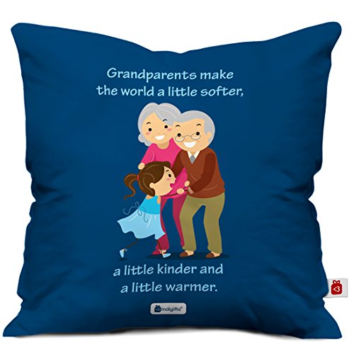 Indigifts Grandparents Cute Grandfather Grandmother Character Illustation Blue Cushion Cover with Filler 12X12 Inches for Granddad, Grandmom-Birthday Anniversary