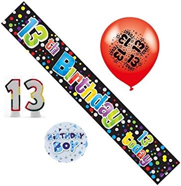 13th Birthday Boy Party Pack Banner, Balloons, Number Candles, Mega Badge