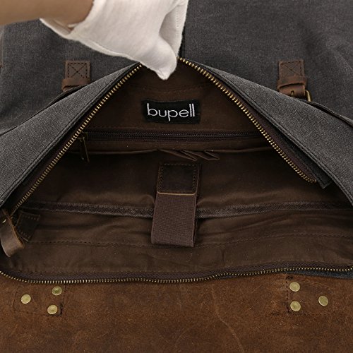 bupell Umhängetasche für Laptop und Akten aus echtem Büffel-Leder und Canvas – Für Notebooks bis 14″ – Unisex Vintage Messenger Bag, Aktentasche, Schultertasche, Notebooktasche – - 4