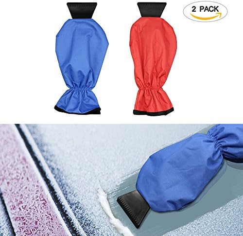 Ice Scraper Mitts Ecooltek Waterproof Window/ Windshield Snow Scraper with Glove&amp;Long Handle Snow Ice Scraper for Car Truck 2 Pack Blue and Red Color