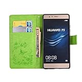 Huawei P9 Hülle,Cozy Hut® Intarsien Bling Kristall Glitzer Strass Diamant PU leder Hülle/ Schutzhülle / Cover / Handyhülle / Etui für Huawei P9 Lederhülle Flip Tasche mit Kartenfächer und Standfunktion Schmetterling Blau Muster Schutzhülle – grün - 5