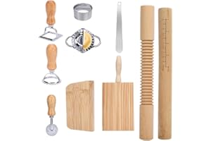 WRQIOO 10 Pieces Pasta Making Tool Set, Pasta Rolling Kit, Pasta Cutter with Ravioli Cutters, Wooden Gnocchi Board, Pasta Stamp Maker Cutter, Homemade Kitchen Gift for Baking Lovers