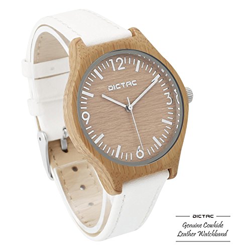 DICTAC Frauen Bambus Holz Armbanduhr mit weißem echtem Lederband Quarzuhr Damenuhr Analog Bambus Zifferblatt
