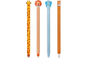 QRKPVHD Générique Lot de 4 stylos gel effaçables, Thèmes Éléphant Girafe Lion Corgi, boule sur les extrémités pour enlever l'encre, Bleu, noir, orange, orange, diamètre de la pointe 0,7 mm