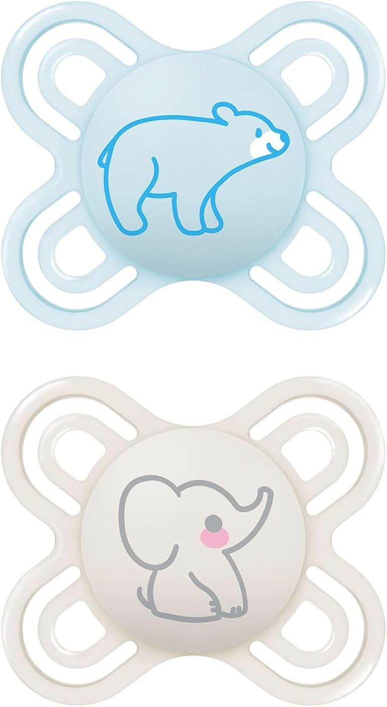MAM Perfect Start - Juego de 2 chupetes de silicona para un desarrollo bucal saludable de 0 a 2 meses, kit de 2 accesorios para bebés con soporte para chupete esterilizador, azul claro y neutro
