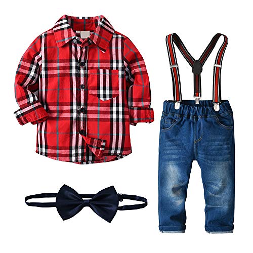 Nwada Vetement Garcon Printemps Costume Paques Bebe Style Americain Chemise Tartan Rouge et Pantalon à Bretelles 1-2.5 Ans