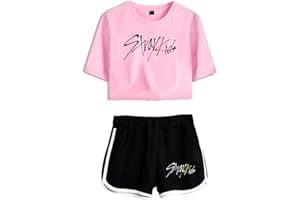 Flyself Unisexe Kpop Stray Kids Ensembles Shorts Manches Courtes Crop Top & Short 2 Pièces Ensembles Fitness Tops Bang Chan Changbin Hyunjin Felix Seungmin Jeongin Jisung Minho Woojin