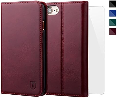 TANNC iPhone 8 Leather Case, iPhone 7 Case, Genuine Leather [Screen Protector Included] Flip Wallet Phone Case [Kickstand] [Card Slot] - Case for Apple iPhone 8 and iPhone 7 – Red Wine