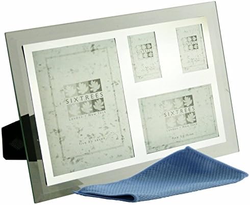 SixtreesStanbridge GM179 Bevelled Glass & Mirror Line inset Collage Multi Photo Frame for four pictures Complete with washable microfibre polishing cloth