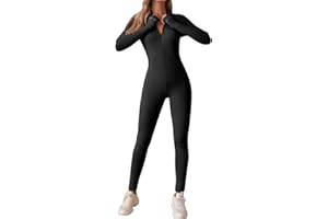 SearchI Mono de Deportivo para Mujer Sexy Bodycon Manga Larga Ropa de Una Pieza Yoga Jumpsuit Push Up con Cremallera Ajustado Elástico Acanalados Romper de Gimnasio Fitness,S/M/L