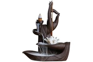 YYW Bruciatore di incenso a flusso inverso, realizzato a mano, porta incenso per casa, ufficio, camera da letto, decorazione, per yoga, con 10 coni in omaggio (mano con fiore di loto)