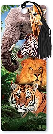 Dimension 9 3D Lenticular Bookmark with Tassel, Zoo Animals Featuring Elephant, Lion, and Tiger (LBM073)