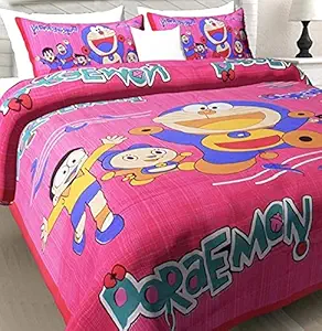 Dark Edge Home 100% Cotton Doraemon Printed Cartoon Bedsheet for Kids, Soft Designer Double Bedsheet with 2 Pillow Covers- King Size (270 cm X 225 cm) ( Pink ) (Pink)