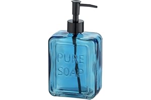 WENKO Distributeur de savon Pure Soap, distributeur de savon liquide rechargeable en verre, distributeur de désinfectant pour la cuisine, la salle de bain, 550 ml, 9,5x20x6cm, bleu