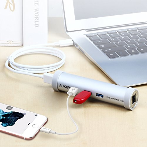 AUKEY USB C Hub Ethernet auf USB 3.0 * 3 Port mit 1 * Ethernet Anschluss Aluminum Netzwerkadapter für Geräte mit Tpy C Buchse wie New Macbook, Macbook Pro 2016, Google ChromeBook Pixel 2015 usw. - 4