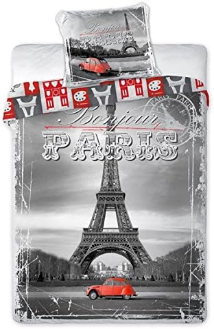 100% Cotton Bedding Set - Duvet Cover (140 x 200 cm) + Pillowcase (70 x 90 cm) - Red Citroen 2CV in Paris, Eiffel Tower Design