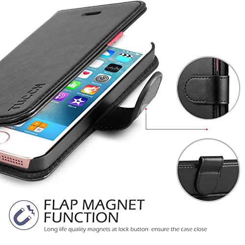 iPhone 5S Case, iPhone 5S Wallet Case, TUCCH [Lifetime Warranty] Magnetized Closure Card Slots Money Pouch, Retro Leather Wallet Case Purse Protective Cover Stand Feature Flip Book Case for iPhone 5s / 5 / SE - Black / Red