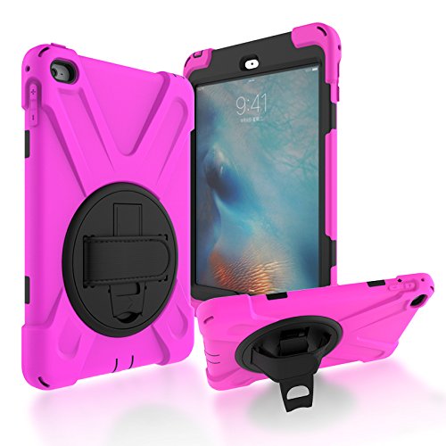 iPad Armor Case WIKISH iPad Mini 4,Full Cover Protective Shockproof Dustproof Drop Resistance Silicone Case with 360°Swivel Stand Hand Strap for Apple iPad Mini 4 (2015)7.9 inch Kids ,Rosy