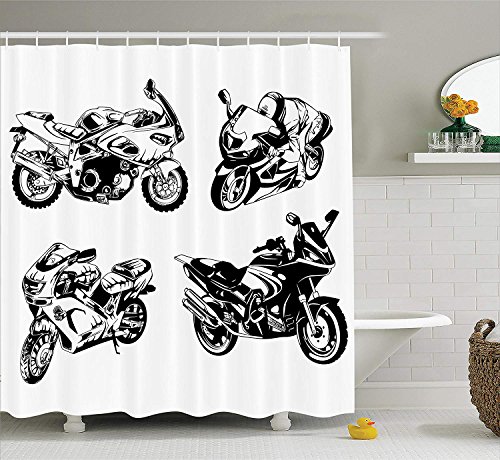 Motorcycle Decor Shower Curtain Set, Cartoon Motorbike Speed Race Exciting Sport Hobby Latest Model Transportation Print, Bathroom Accessories, 60 * 72inch, Orange Black