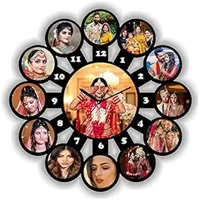 MUKESH HANDICRAFTS 13 Photo Clock Personalized/Personalise 13 Photo Frame for Gifts in Creative Wooden Frame |Gifting Frame for All Occasions| (Black, 18x18 inches)