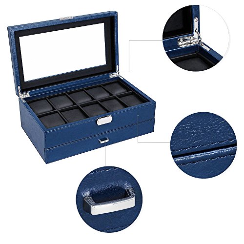 Songmics Uhrenbox für 10 Uhren Uhrenkoffer Sichtfenster aus PU und Glas blau JWB012L - 6