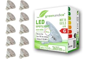 greenandco 10x Ampoule LED MR16 GU5.3 | CRI 97+ | 6W 360 lm | 2700K blanc chaud | 110° | 12V AC/DC | non dimmable