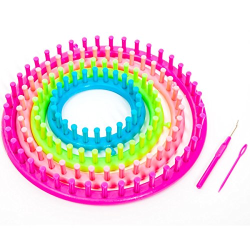 Strickring 6 tlg Knitting Loom inkl. 1 Garnnadel - 1 Strickhaken - mit Anleitung - Kinderleichte Handhabung (Ø 29cm - 24cm - 19cm - 14cm)