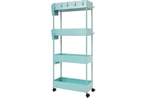 JAKAGO Carrello Portaoggetti a 4 Livelli,Carrello Portaoggetti su Ruote Scaffale da Cucina con Tazza Appesa Carrellino Salvaspazio per Cucina Bagno Ufficio Biblioteca Salone-Verde