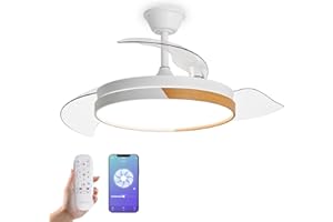 YOEVU NATURE WHITE | Ventilador de techo inteligente | Blanco y madera, aspas retráctiles, luz LED regulable, control WiFi | Compatible con Alexa Función invierno/verano