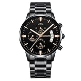 KASHIDUN Herrenuhren Edelstahl Schwarz Klassische Business Casual Uhren mit Mondphase Wasserdichte Multifunktions Quarz Armbanduhr für Herren (A-Black28)