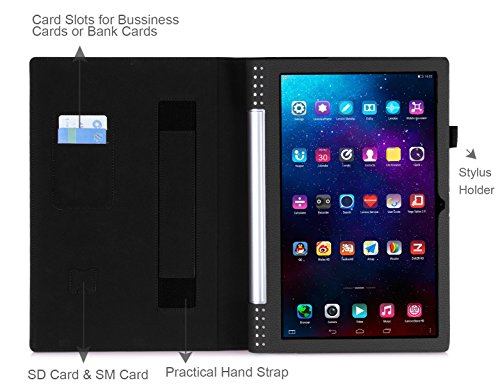 [Ecke Schutz] Lenovo Yoga 2 Pro Hülle, Lenovo Yoga 2 Pro 13, Fyy hochwertige umweltfreundliche KunstlederHülle (Tasche Schutzhülle Case Cover Etui) mit Standfunktion/Aufsteller mit Fach für Kreditkarten elastische Handschlaufe Stift-Haltung (mit automatischer Schlaf/ Weck-Funktion) Schwarz für Lenovo Yoga Tablet 2 Pro(13.3 Zoll) - 5