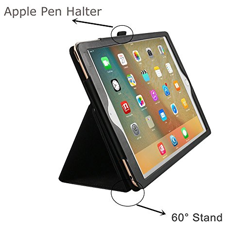 Boriyuan Ipad Pro 9.7 Hülle Echt Leder Case Smart Cover Schutztasche aus echtem Leder für das Apple iPad Pro 9.7 Zoll mit Standfunktion, Auto Sleep Wake up , Apple Pen Halter und Fach für Kreditkarten (Farbe: Schwarz) - 4