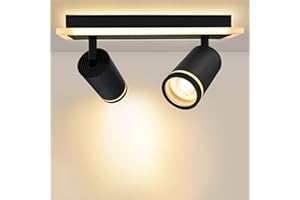 URing Plafonnier LED 2 Spot, Spots de plafond Plafonnier Pivotants & Orientables, Éclairage LED luminaire avec lueur inférieure 7W+ 2x 5W GU10 1700LM, Blanc Chaud 3000K pour Cuisine Salon, Noir mat