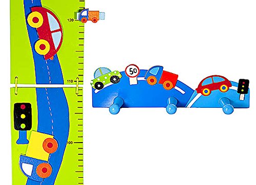 Colourful Wooden Car and Lorry Decorated Height Chart and Triple Coat Hooks Wall Hooks - Car Themed Boys Bedroom Accessories