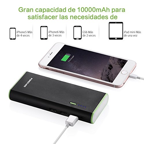 Poweradd Cargador M  vil Port  til Bater  a Externa 10000mAh  3 USB 5V 2A  M  s 2 5A  con la Linterna  Carga r  pida para iPhone 7  iPad  Samsung  M  viles Inteligentes y Tabletas  Negro 