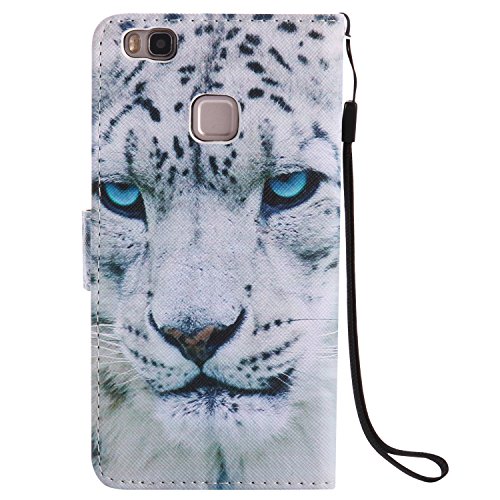 Feeltech HUAWEI P9 Lite Hülle PU-Leder und Brieftasche Bunte Muster Fall mit Magnetverschluss, Hybrid-Kickstand mit Stand-Funktion, schlagen Sie schützende weiche TPU Stoßstangenabdeckung und Kreditkartenhalter für HUAWEI P9 Lite Handgelenk Bügel-Buch-Art-Geldbeutel-Tasche mit 2 In 1 Berühren Sie Stift – White leopard - 3