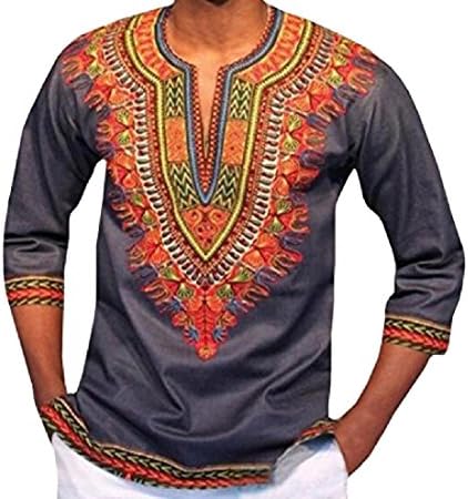 Aprilley Men's African Dashiki Casual Pullover Print Tops Shiirt Tunic -  Grey - 