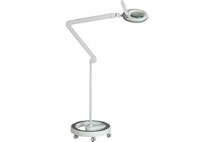 ‎LUMENO Lumeno LED Lupenleuchte 7215GR Lupenlampe mit 127 mm Echtglaslinse, Arbeitsplatzlampe, Kosmetiklampe, geeignet für Kosmetik, Bastler, Lesehilfe Vergrößerungslampe, 5 Dioptrien Grau mit Rollstativ