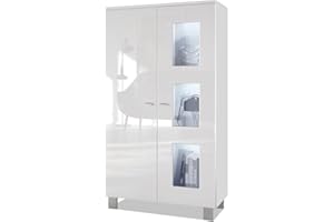Vladon Vitrine Denjo, Made in Germany, Standvitrine mit 2 Türen und 3 Glaseinsätzen, Weiß matt/Weiß Hochglanz, inkl. LED-Beleuchtung (71 x 129 x 35 cm)