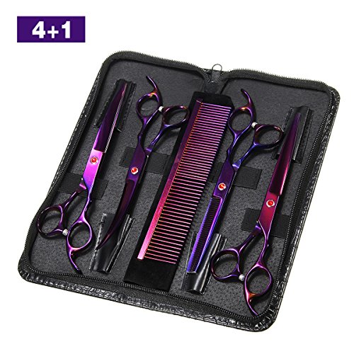Pet-Grooming-Scissors-Kit-Focuspet-5-PCS-Cutting-Thinning-Curved-Scissors-Comb-with-Pouch-Purple