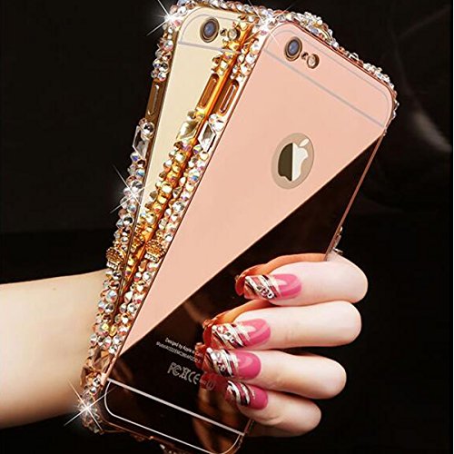 Iphone 7 Detachable Case, [2-IN-1] Happy360 Luxury 3D Bling Diamond Mirror case+Aluminum Metal Frame Bumper Hard PC Ultra-Thin Frame Case for Iphone 7, Rose Gold with Bling Frame