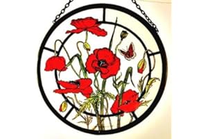 WINGED HEART PRESENTED BY CELTIC GLASS DESIGNS Decorative Hand Printed Stained Glass Window Sun Catcher/Roundel in a Meadow Poppies Design.